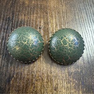 Vintage Large Round Green Gold  Marble Design Button Clip on Earrings Screw back